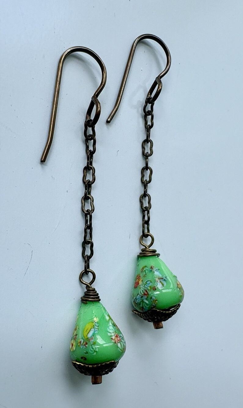 Japanese Floral Earrings Milifiori Dangle Celedon Green Copper Vintage 20's bead